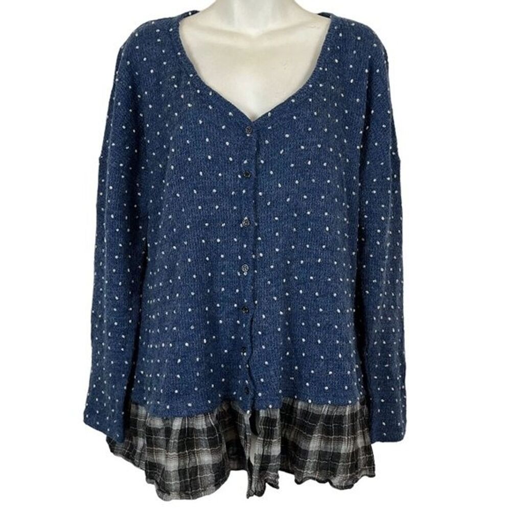 Oddy Womens Blue Swiss Raised Dot Womens Cardigan Sweater Plaid Ruffle V-Neck M